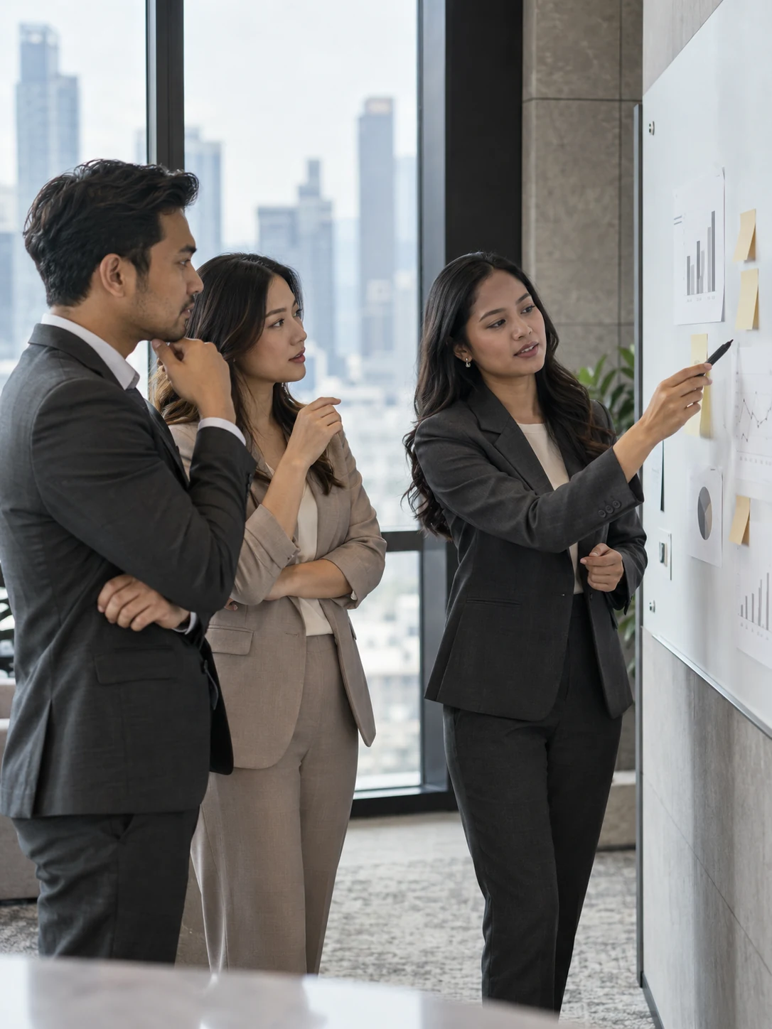 Malaysian business professionals collaborating on a strategy board
